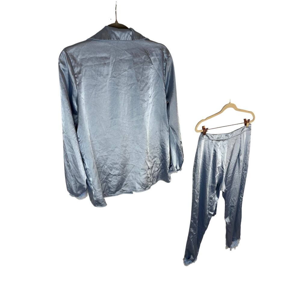Womens Long Sleeve Silky Satin Fur Trim Pajama Set Sleepwear Loungewear S - Picture 12 of 16